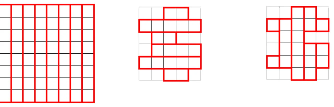 Figure 10 – Le pavage du carré 8 × 8 par 8 colonnes et le fait que le nombre de caisses par colonne  soit inférieur (ou égal) à 1, ces deux arguments amènent à une majoration de l’optimum : M ≤ 8
