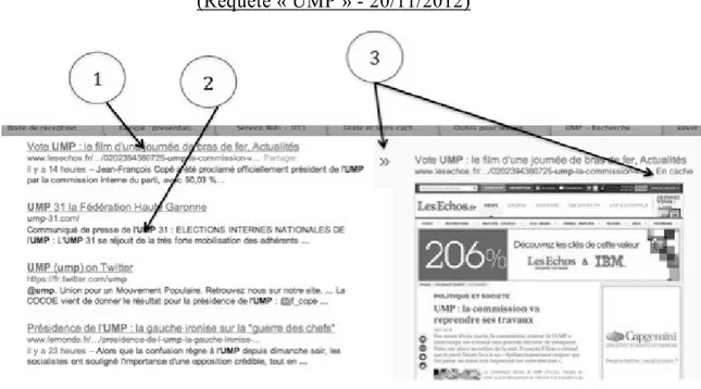Figure 1. Capture  ’é ran : liste de liens sur Google Search.  (Requête « UMP » - 20/11/2012) 