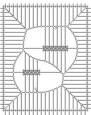 Figure 2.11 – Construction du diagramme de Voronoï à partir de la discrétisation du bord de l’environnement et des obstacles, obtenu à partir d’une triangulation de Delaunay.