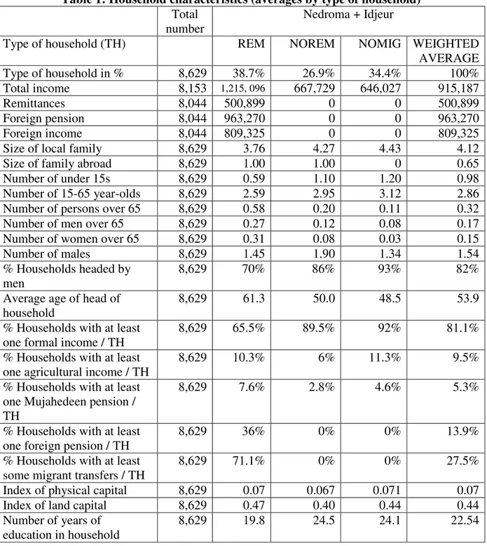 Table 1: Household characteristics (averages by type of household) 