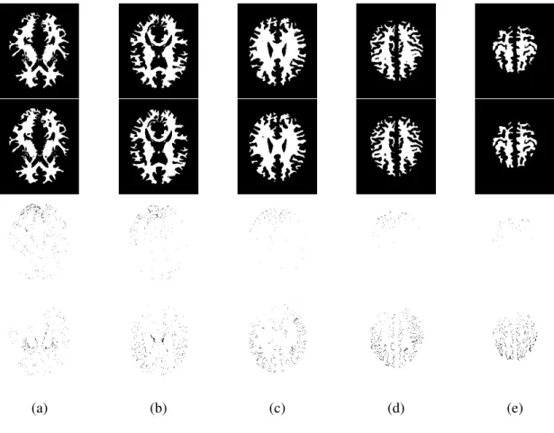 Fig. 8. Comparison of the segmentation results from our method with the ground truth data of five slices of one 3D simulated brain image provided by BrainWeb [52], which is T 1 modality, 1mm slice thickness, 3% noise level, 20% INU