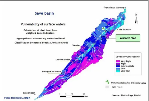 Figure 5 shows the vulnerability of surface waters in the Save watershed based  on three indicators: soil types, slopes, distance from watercourses