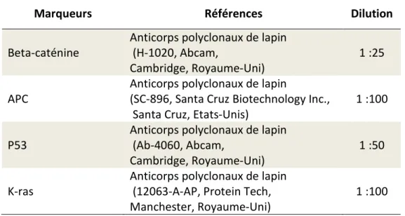 Tableau 7: Liste et références des marqueurs utilisés pour l'analyse immunohistochmique 