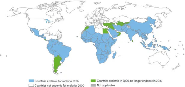 Figure 4 – Pays endémiques au paludisme entre 2000 et 2015. 91 pays sont considérés comme endémiques en 2015