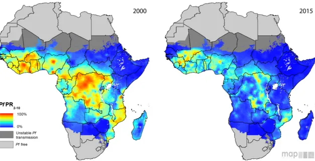 Figure 5 – Modélisation de l’endémie causée par P. falciparum en Afrique en 2000 et 2015