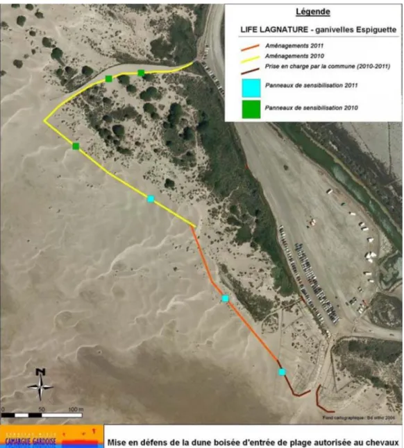 Figure 8 : Aménagements sur la zone dunaire (B) de la partie payante de l’Espiguette  