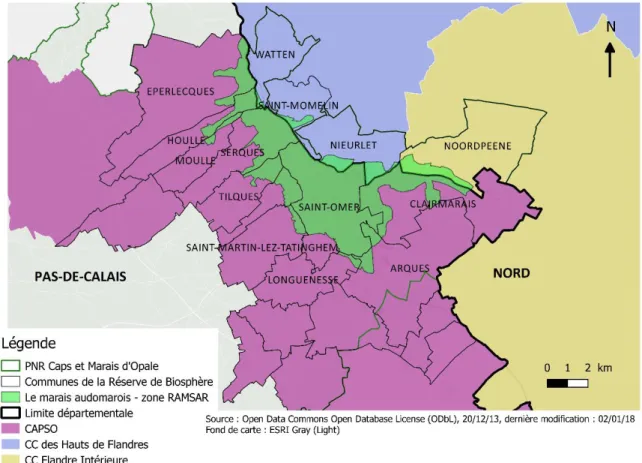 Figure 11: Carte des limites administratives autour du marais Audomarois  Réalisation : CAPSO 2019- ROZANES C