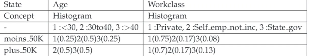 Tableau 2.6 – Exemple de deux variables histogramme ”Age” et ”workclass” d´ecrivant les diff´erents statuts de travailleurs ”State”.