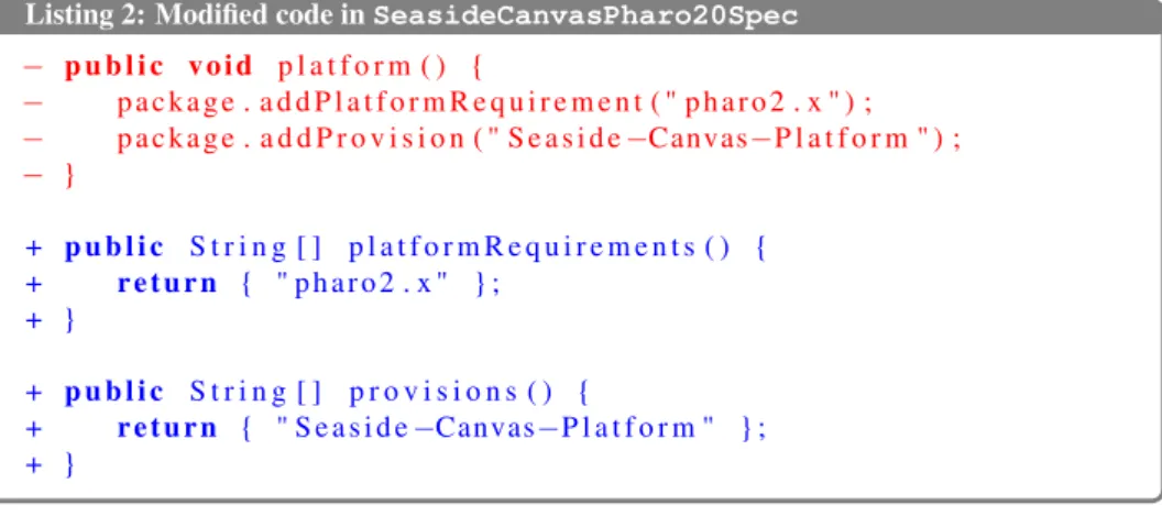 Table 3.1 roughly summarises the contexts in these two examples. More specif- specif-ically, some parameters are (i) similar in both transformations, e.g., the signatures of the (removed and added) methods are the same in Table 3.1