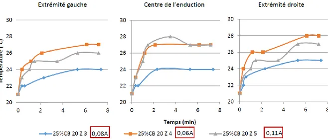 Figure 8 : Température de surface de 3 éléments chauffants en 3 localisations, sous 12 V [111] 