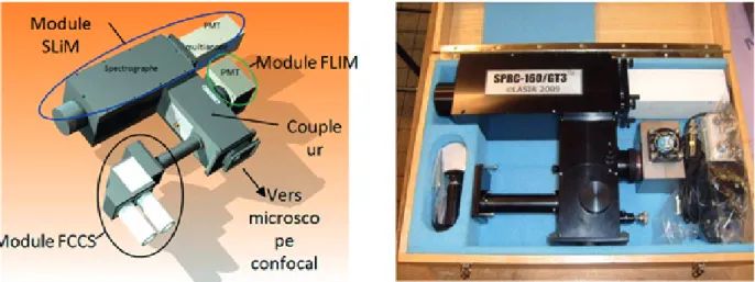 Figure 17  : schéma et photo du prototype implémenté à l’IRI pour les mesures de SLiM/FCS/FCCS.