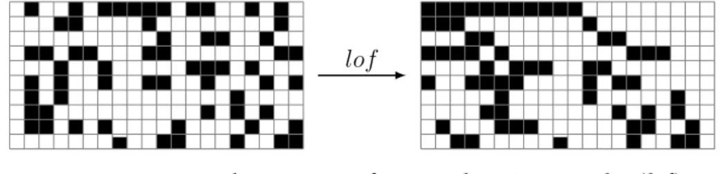 Figure 5.2 – Matrice binaire et sa forme ordonnée à gauche (lof ). La couleur blanche et la couleur noire correspondent  respec-tivement à 1 et 0.