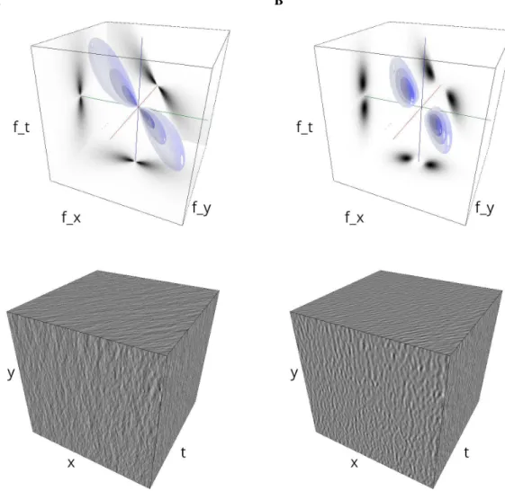 Figure 4: Broadband vs. narrowband stimuli. We show in (A) and (B) instances of the same Motion Clouds with different frequency bandwidths σ Z , while all other parameters (such as z 0 )
