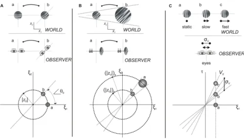 Figure 1: Parameterization of the class of Motion Clouds stimuli. The illustration relates the parametric changes in MC with real world (top row) and observer (second row) movements