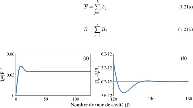 Figure 1.11: (a) Évolution temporelle de la somme des intensités |F j | 2 dans la cavité, (b) Évolution temporelle relative de la somme des intensités |F j | 2 dans la cavité