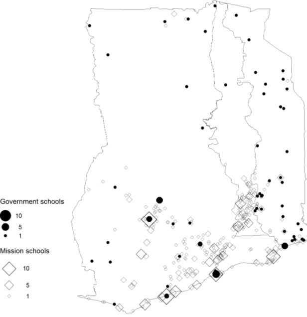 Figure 3: Geographical location of government and mission schools (primary) 1938