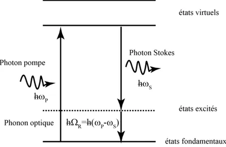 Figure 6 - Diagramme d'énergie schématique, illustrant le mécanisme de diffusion Raman Spontanée