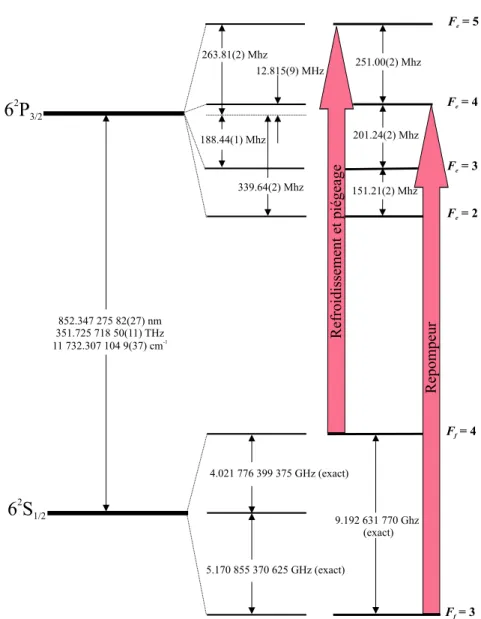 Fig. 2.1 – Niveaux d’´ energie de la transition D 2 du c´ esium. Le faisceau pi` ege est