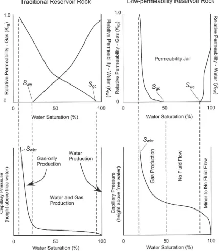 Figure 2-4 : sensibilité des réservoirs « tight » à la saturation par comparaison aux réservoirs conventionnels  (Shanley et al., 2004)