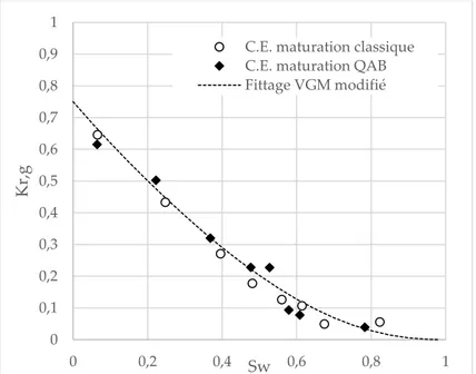 Figure 3-5 : K r,g (S w ) pour les 16 C.E. de béton VeRCoRS et fittage de type VGM. 