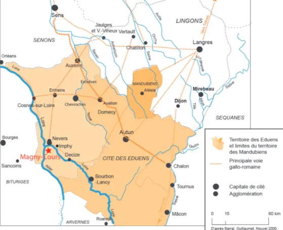 Fig. 1  - Carte du territoire éduen et localisation de Magny-Cours (S. M ouThon -V enaulT  d’ap