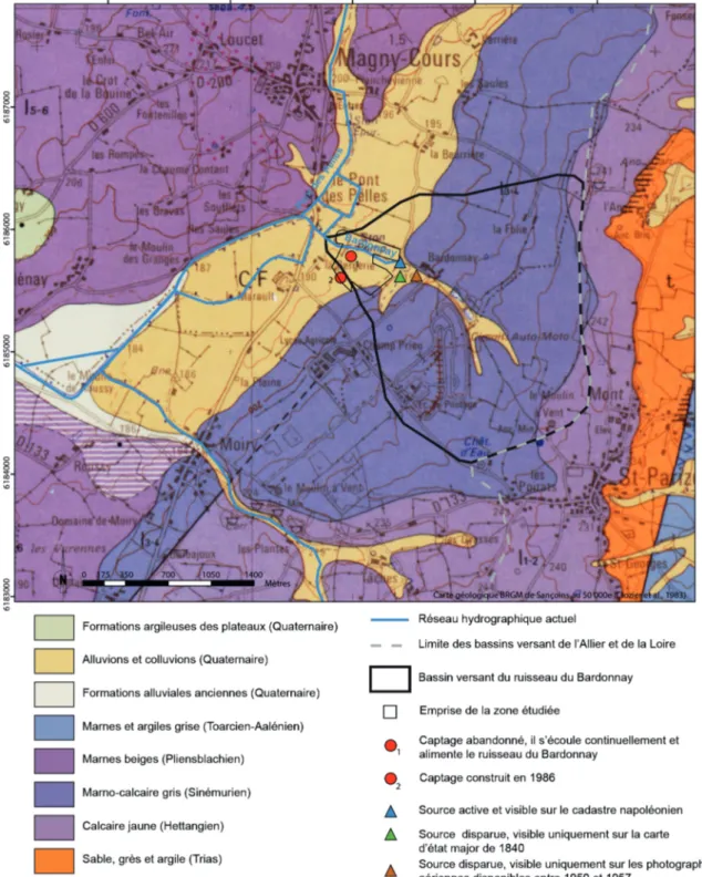 Fig. 2 - Carte géologique du bassin versant du ruisseau du Bardonnay et localisation des sources et des captages (R
