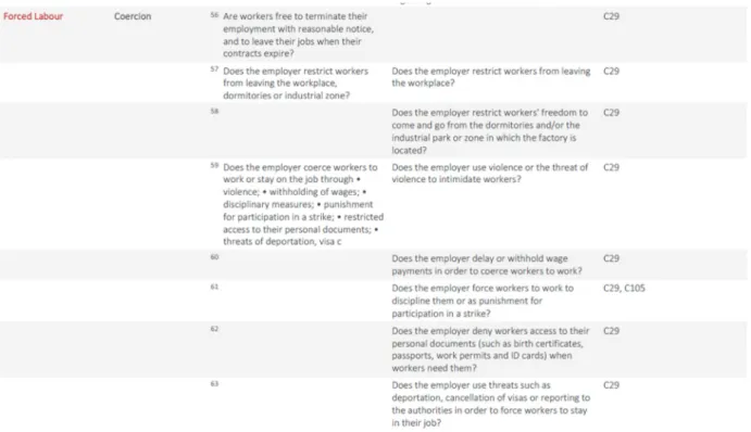 Figure 5: Extrait du Compliance Assessment Tool de Better Work au Cambodge 