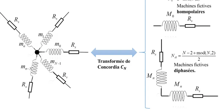 Figure 1.2 – Répresentation électrique des machines fictives résultantes de la transformation de Con- Con-cordia appliquée à la machine polyphasée