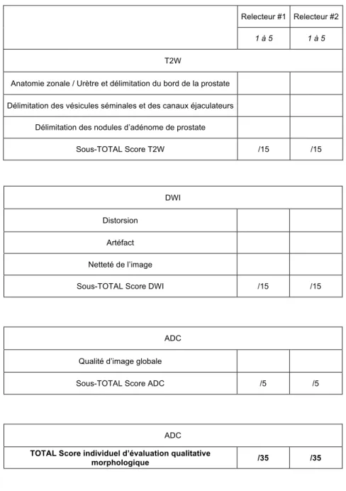 Tableau  6  –  Évaluation  morphologique  IRM  7T  biparamétrique  (T2W :  visualisation  des  structures  anatomiques prostatique ; DWI (b16 ; b1250) ; cartographie ADC) 