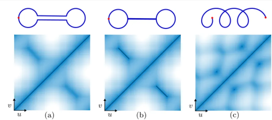 Fig. 6 Distances φ C plotted in ( u, v )-space for several types of curve: (a) On a simple closed curve, φ C vanishes only on the