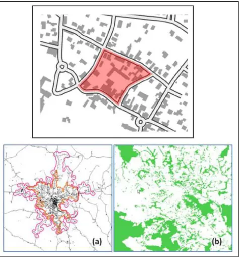 Figure 18 En haut : exemple de meso/îlot urbain (en rouge), et sa relation avec les bâtiments