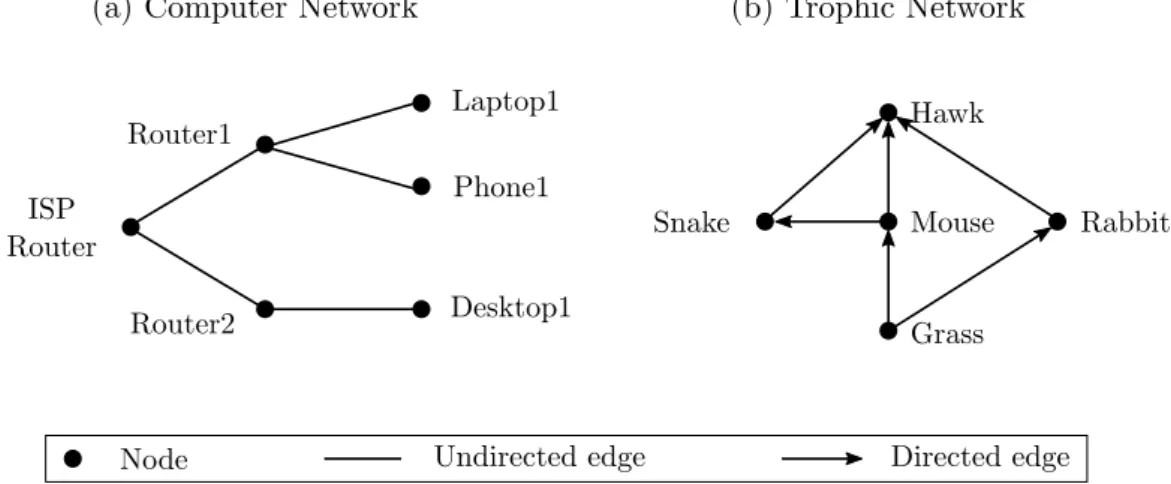 Figure 2.3: (a) illustrates a computer network graph made of 6 nodes and 5 edges. As the communication is bidirectional they can be undirected