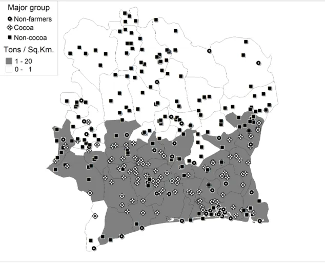 Figure 1: District Density of Cocoa Production and Main Occupation of Survey Villages