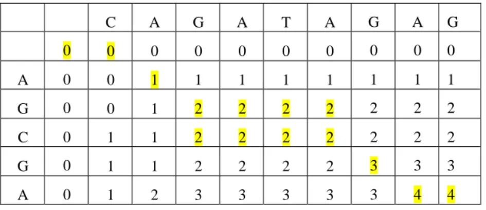 Tableau 2. Calcul d’une plus Longue Séquence Commune 