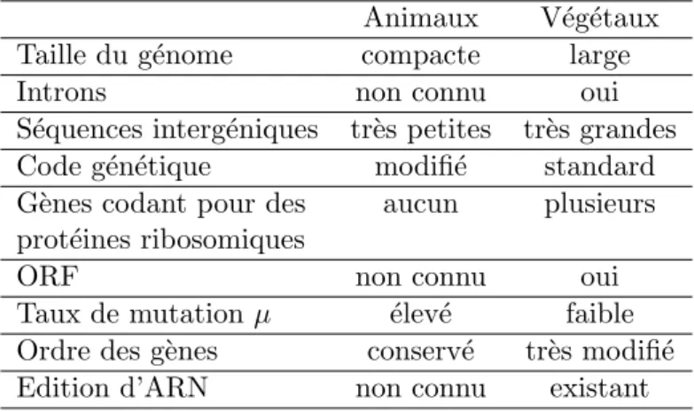 Tab. 1.1 – Comparaison entre les di↵´erentes caract´eristiques des g´enomes mitochondriaux ani- ani-maux et v´eg´etaux.