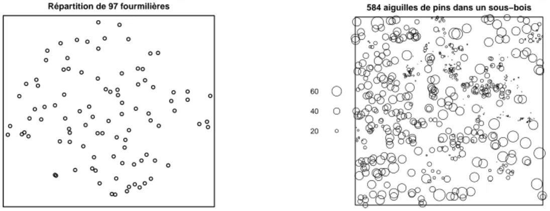Figure 2.6 – A gauche, 97 fourmilières (jeu ants du package spatstat). A droite, positions et tailles de 584 aiguilles de pins dans un sous-bois (jeu longleaf du package spatstat de R).