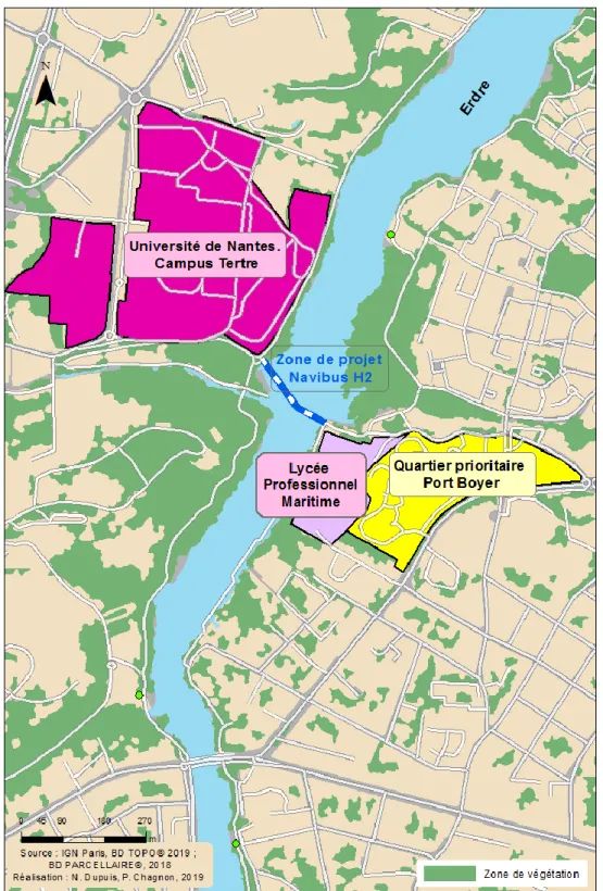 Figure  3.  Carte  de  la  situation  géographique  du  projet  Navibus  H2  (source :  IGN,  2019 ; 