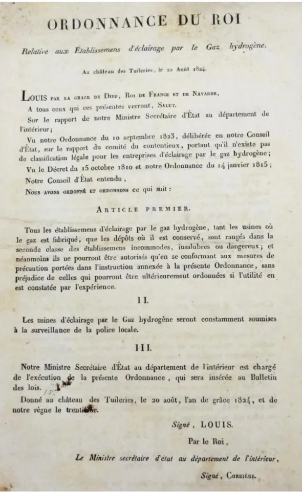 Figure 1. Ordonnance du Roi relative aux établissements d’éclairage par le gaz hydrogène, 20 