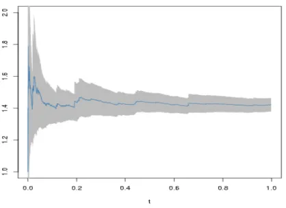 Figure 6: Confidence band at level 0.95 derived from ( 5 ) for the same realisation as in Figure 5 .