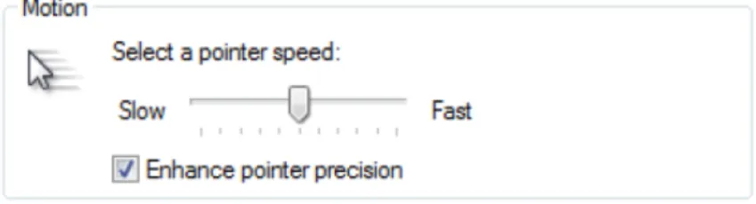 Figure 1.13 – Exemple de l’ajustement de la vitesse de la souris sous Windows XP (en ajustant cette vitesse, l’utilisateur change en pratique le gain).