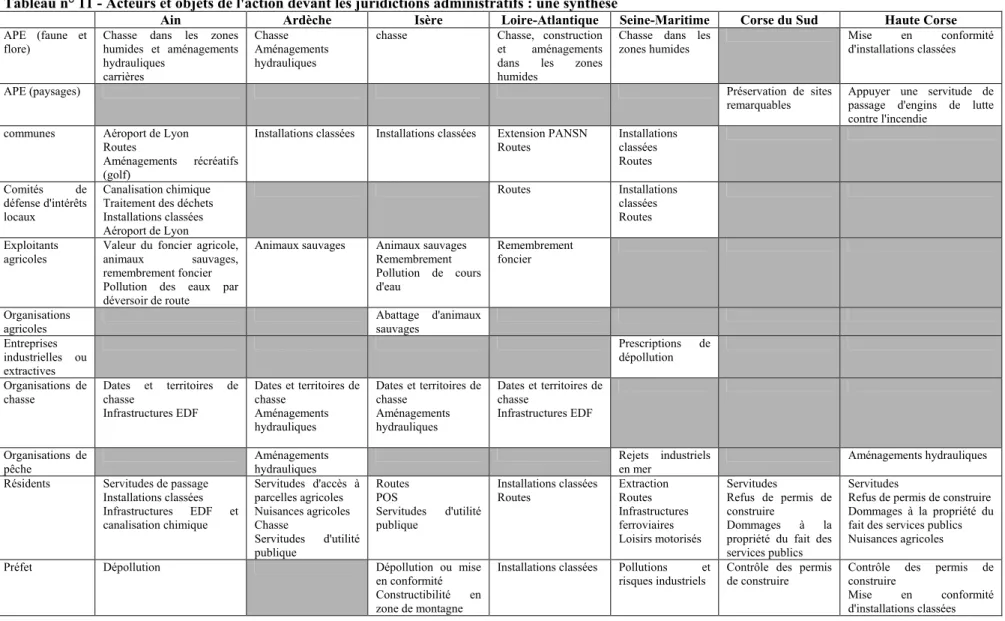 Tableau n° 11 - Acteurs et objets de l'action devant les juridictions administratifs : une synthèse 
