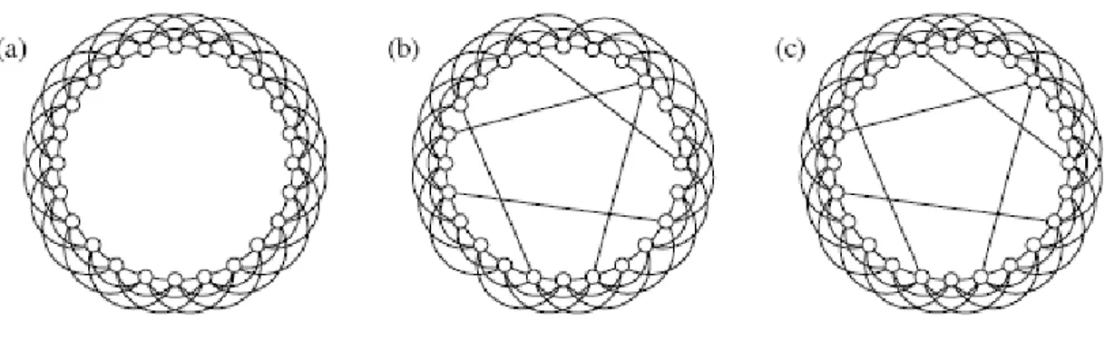 Figure A.2 : (a) est un graphe régulier : les nœuds sont organisés en anneau et chaque nœud est relié à 6 voisins