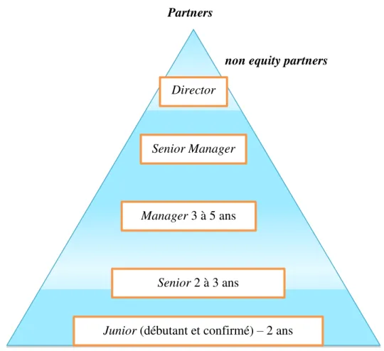 Figure 11 : Modèle de progression de carrière pyramidale au sein des grands cabinets  d’audit anglo-saxons (Big 4) et français (Mazars) 