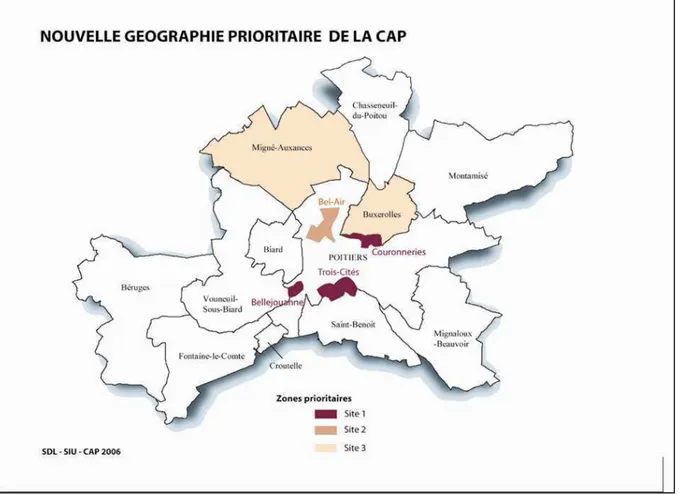 Illustration  2 :  Représentation  de  la  géographie  prioritaire  conçue  par  la  communauté  d’agglomération de Poitiers et la préfecture de la Vienne 2006