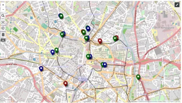 Figure n°1 : Carte du centre-ville de Montpellier avec les lieux de l’enquête 16