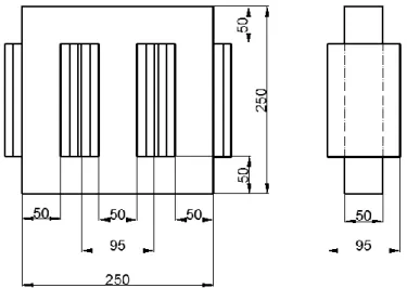 Figure 2.28 Dimensions (mm) du transformateur triphasé  2.5.2 Caractérisation et identification des paramètres 