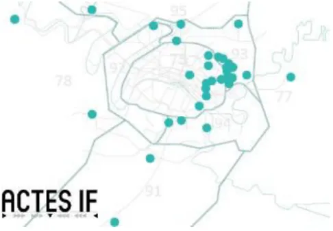 Figure 2 : Extrait du dépliant de présentation du réseau Actes-if qui  cartographie les lieux intermédiaires membres 