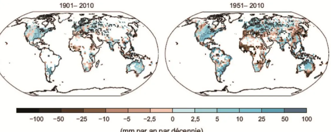 Figure 3: Changements observés des précipitations annuelles sur les terres émergées. Source:  IPCC, 2013 