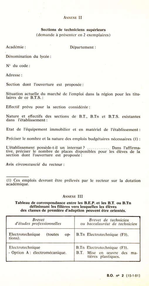 Tableau de correspondance entre les B.E.P. et les B.T . ou B .Tn
