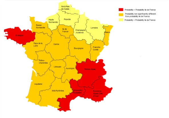 Figure 2: Geographic location of low income GPs in France - Results obtained from the pooled probit model.